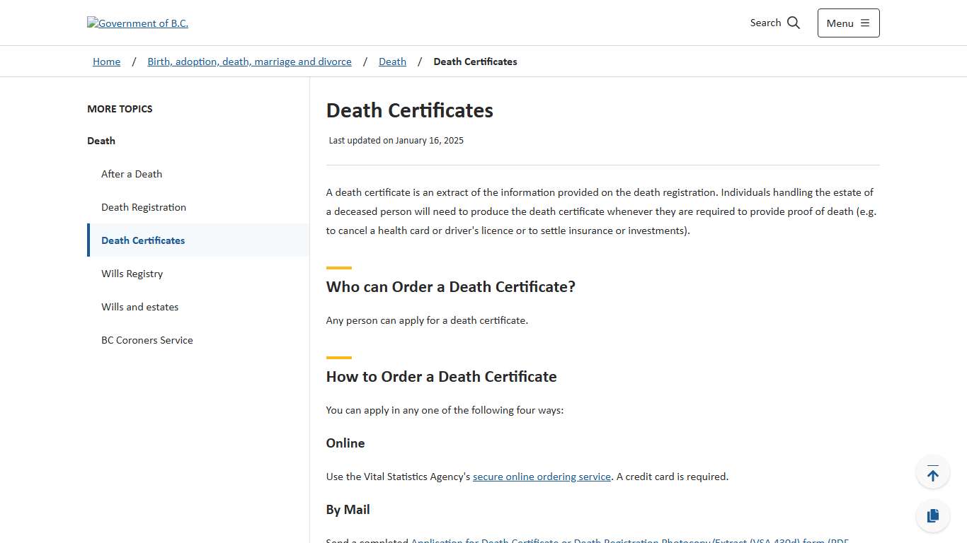 Death Certificates - Province of British Columbia